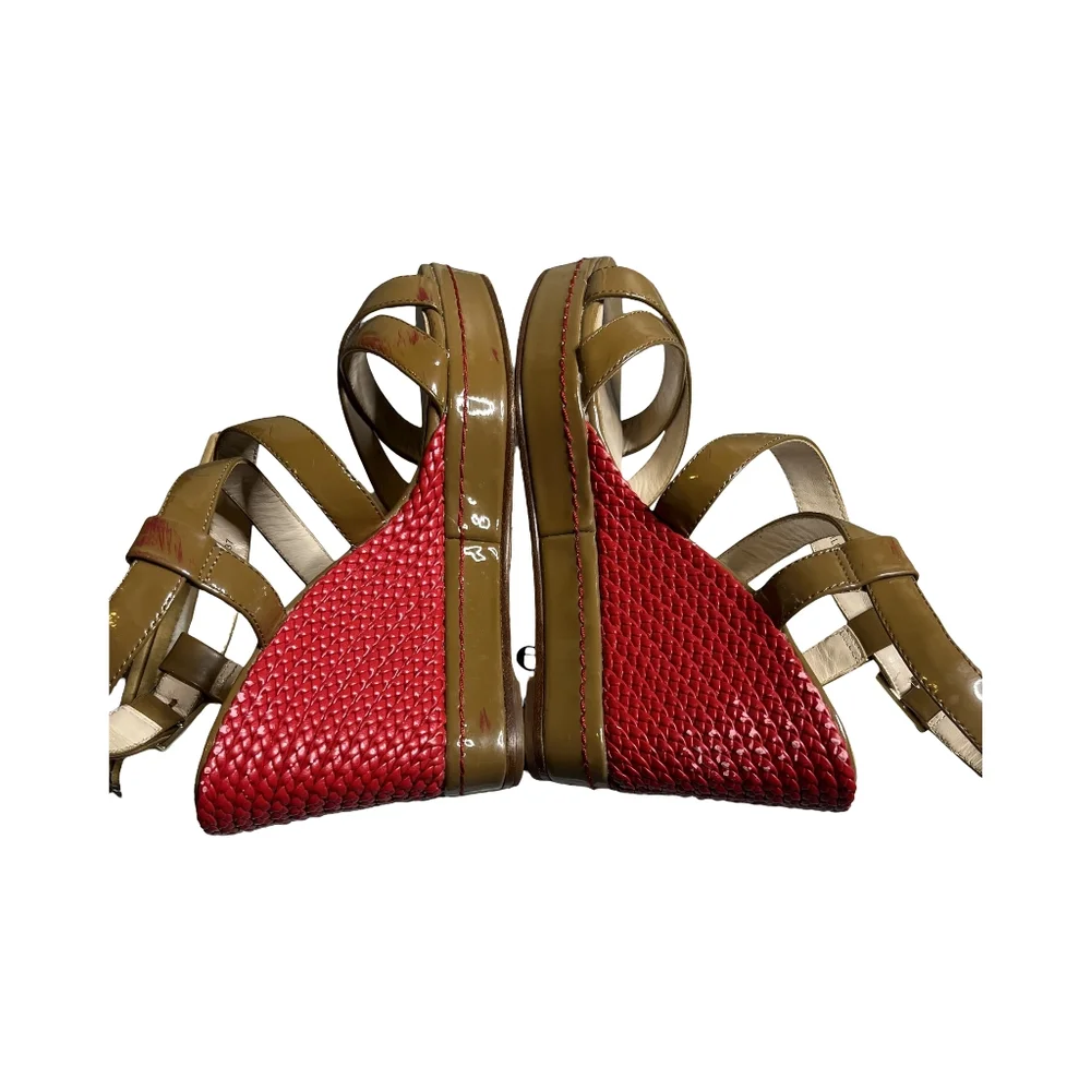 L.K‎ Bennett Patent Leather Red and Brown Wedge Sandals Size: 37